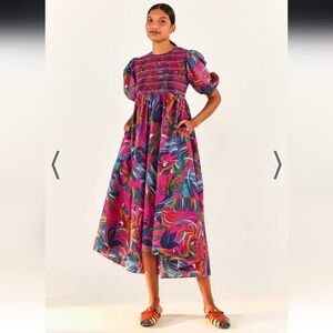 FARM Rio Rainbow Macaw Purple and Pink Cotton Puff Sleeve Midi dress, Size S